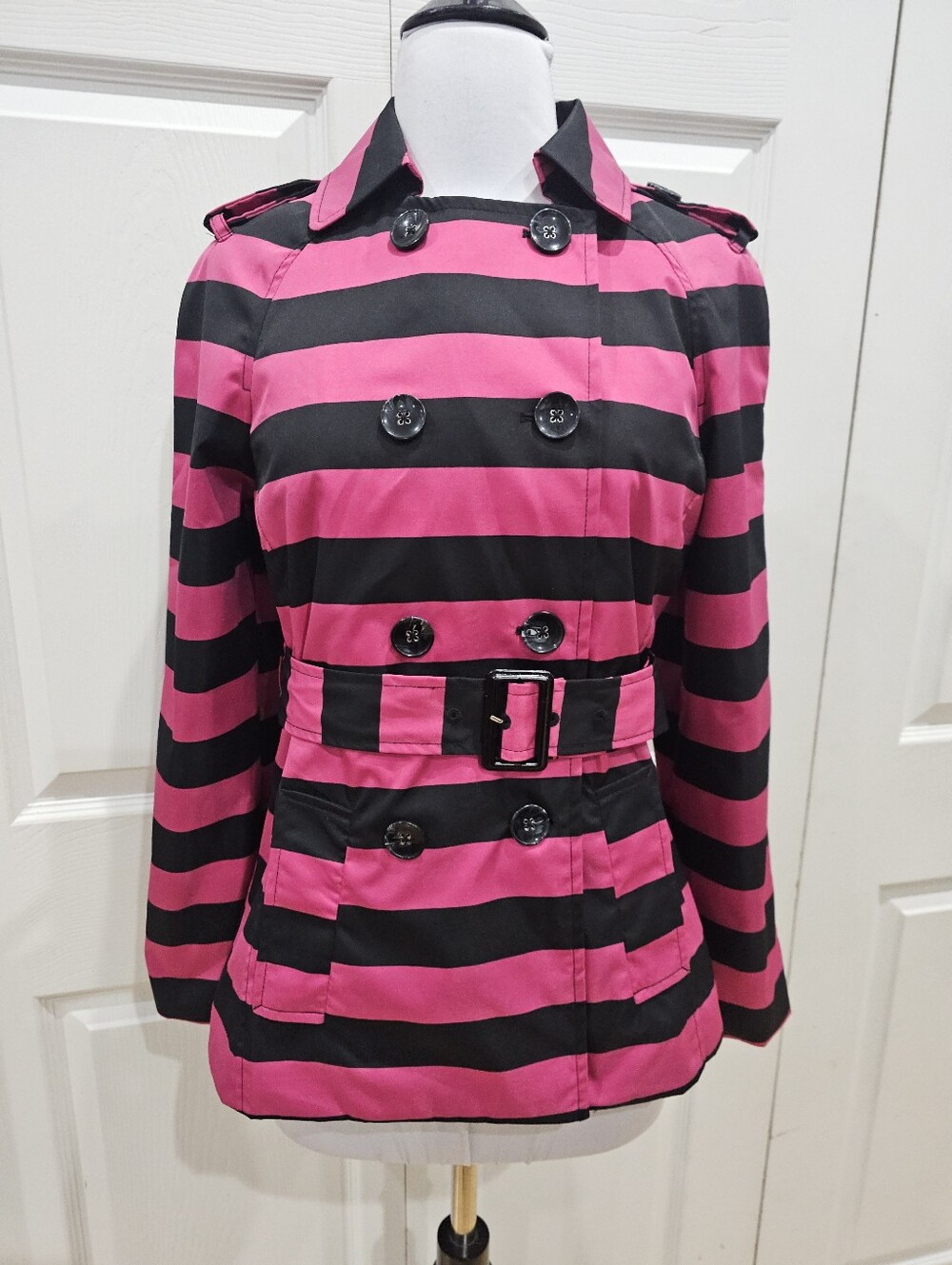 Cynthia Rowley Black Pink Striped Double Bressted Button Rain Jacket Coat Trench - Picture 12 of 16